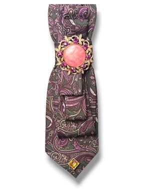 Givenchy Monsieur Silk Paisley Folded Cravat in Purple and Black Pink Brooch